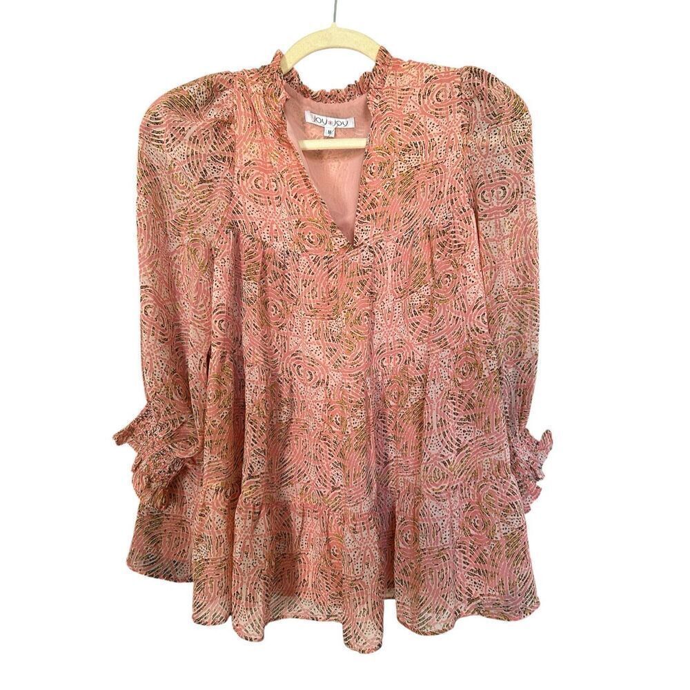 Joy Joy Women’s Blouse Pink Abstract Print Ruffle Neck Long Sleeve Lined Boho M